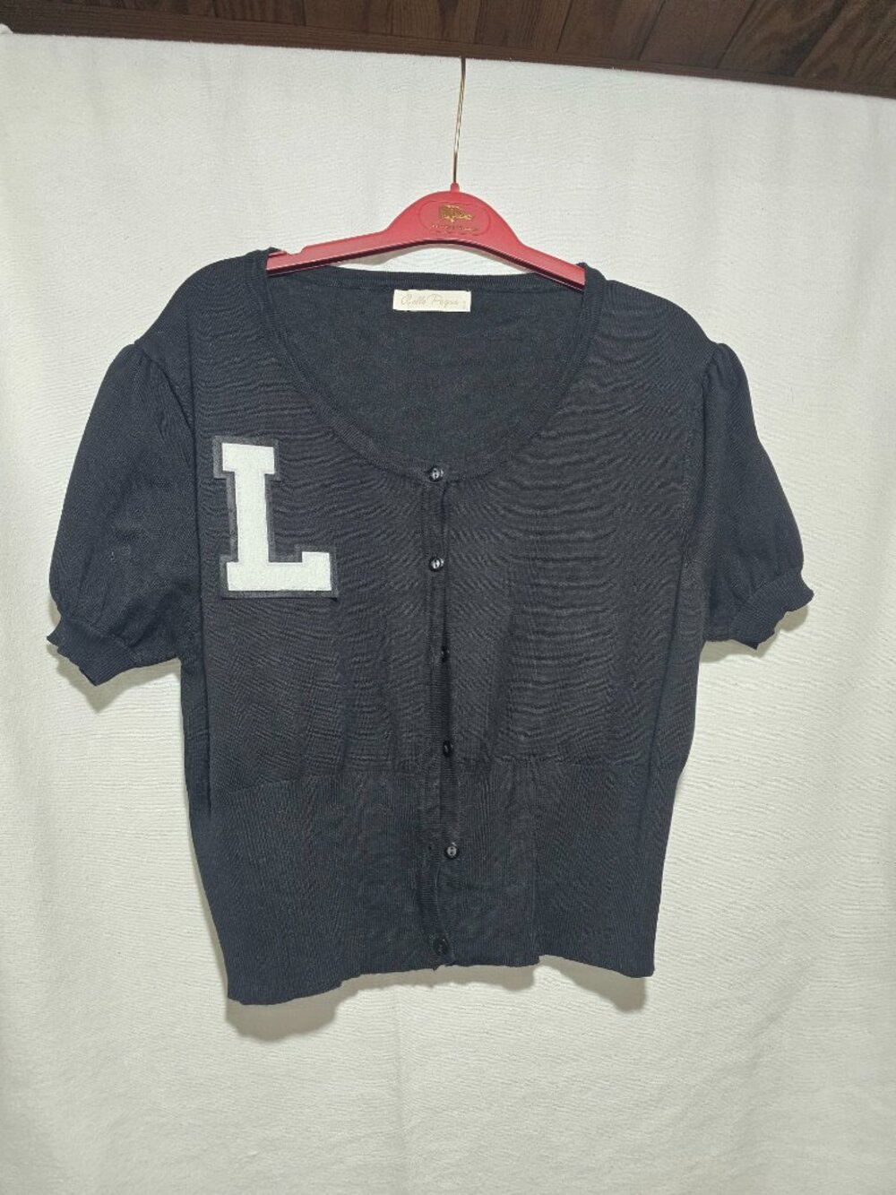 Belle Pogue Black Knit Cardigan Sweater Short Sleeve Letter L Patch Size L